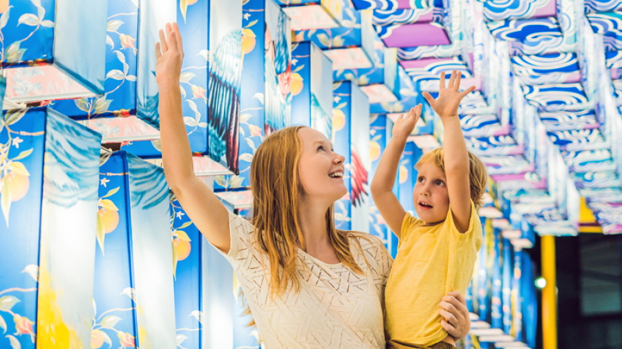 photo of mom holding up child to see colourful displays