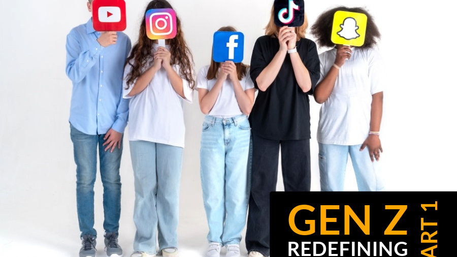 multiethnic group of teenagers holding tiktok, facebook, youtube, snapchat and instagram signs over their faces