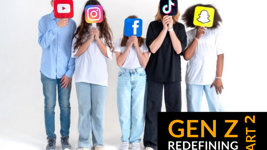 Generation Z kids standing with social media signs covering their faces
