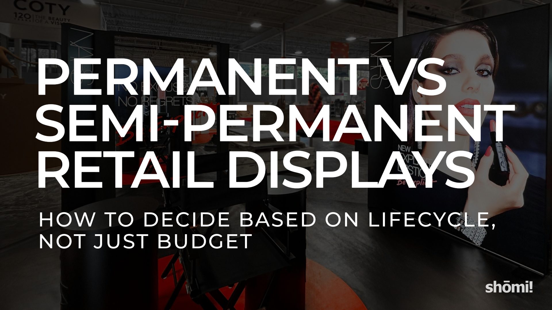 Large white text over a blurred makeup retail display reads: PERMANENT VS SEMI-PERMANENT RETAIL DISPLAYS – HOW TO DECIDE BASED ON LIFECYCLE, NOT JUST BUDGET. A woman applies lipstick on a screen in the background, highlighting permanent vs semi-permanent retail displays.