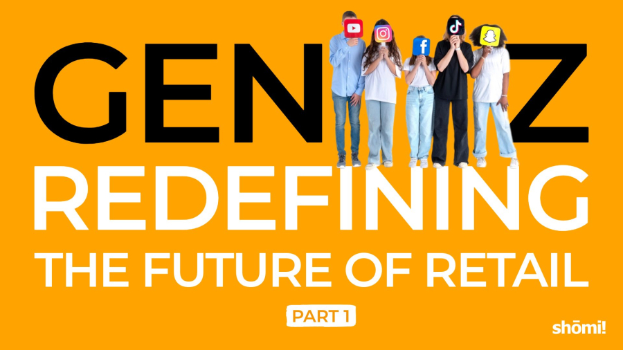 Five people stand in a row holding icons of social media apps over their faces. Large text reads: Gen Z Redefining the Future of Retail Part 1. Bright orange background and the shomi! logo highlight tips for marketing to Gen Z.