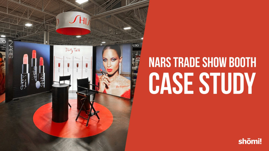 NARS trade show booth with branded displays, lipsticks, makeup posters, chairs, and a round table. Text on right reads “Case Study NARS Trade Show Booth.” Bright, professional event setting.