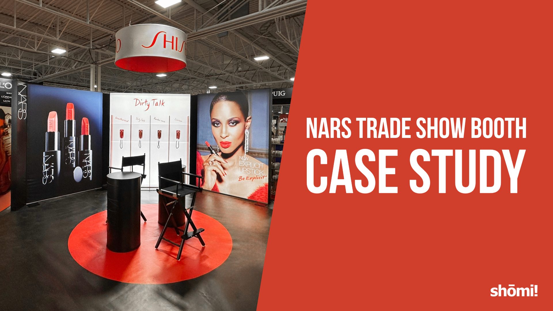 NARS trade show booth with branded displays, lipsticks, makeup posters, chairs, and a round table. Text on right reads “Case Study NARS Trade Show Booth.” Bright, professional event setting.