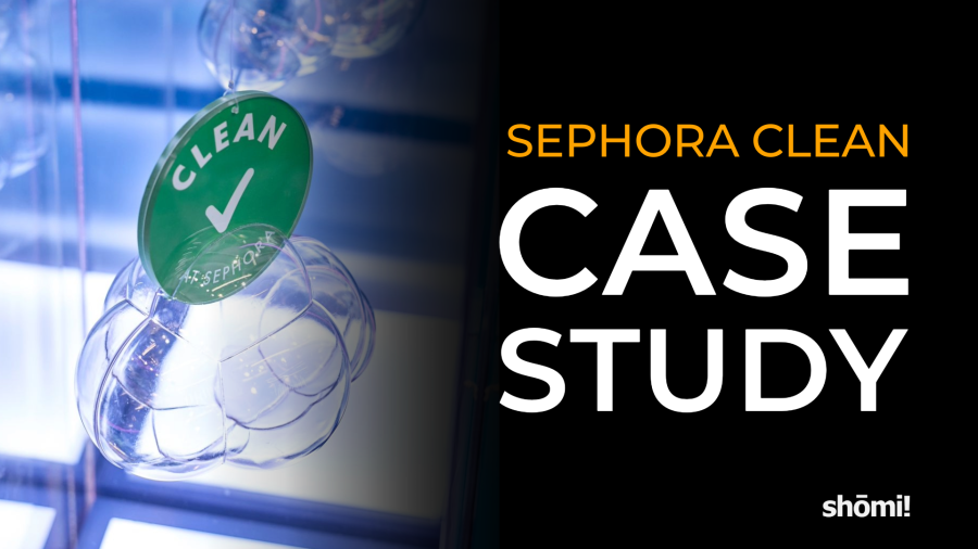 Text reading Sephora Clean Case Study with the shōmi logo, beside a Sephora Clean seal hanging above glass spheres.